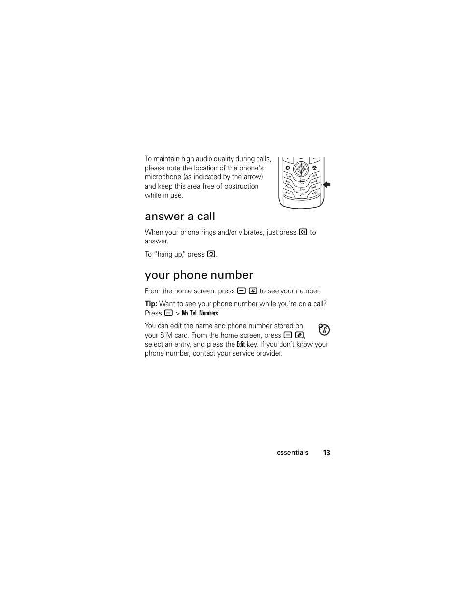 Answer a call, Your phone number, Answer a call your phone number | Motorola L2 GSM User Manual | Page 15 / 92