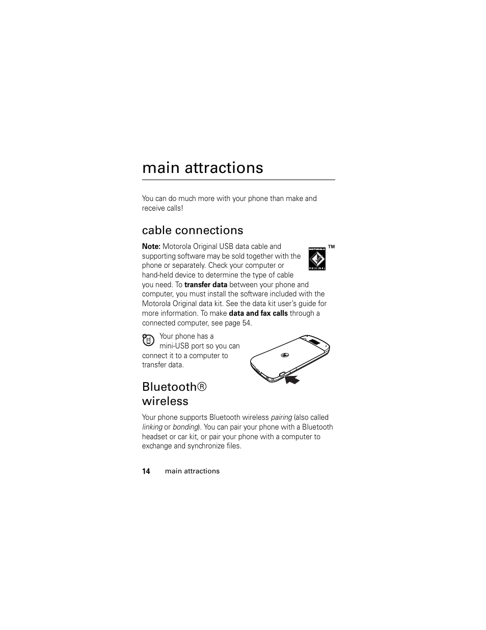 Main attractions, Cable connections, Bluetooth® wireless | Cable connections bluetooth® wireless . 14 | Motorola L2 GSM User Manual | Page 16 / 92