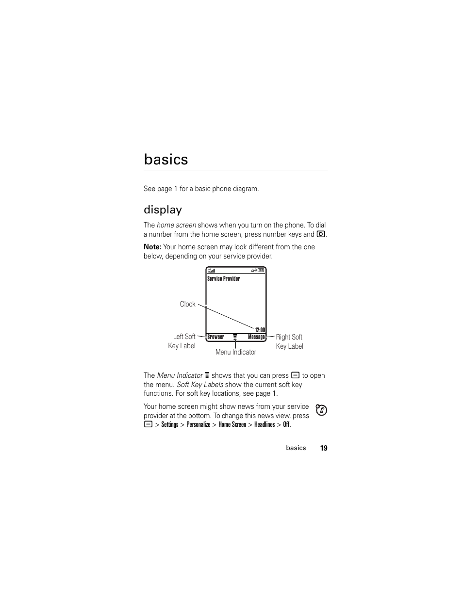 Basics, Display | Motorola L2 GSM User Manual | Page 21 / 92