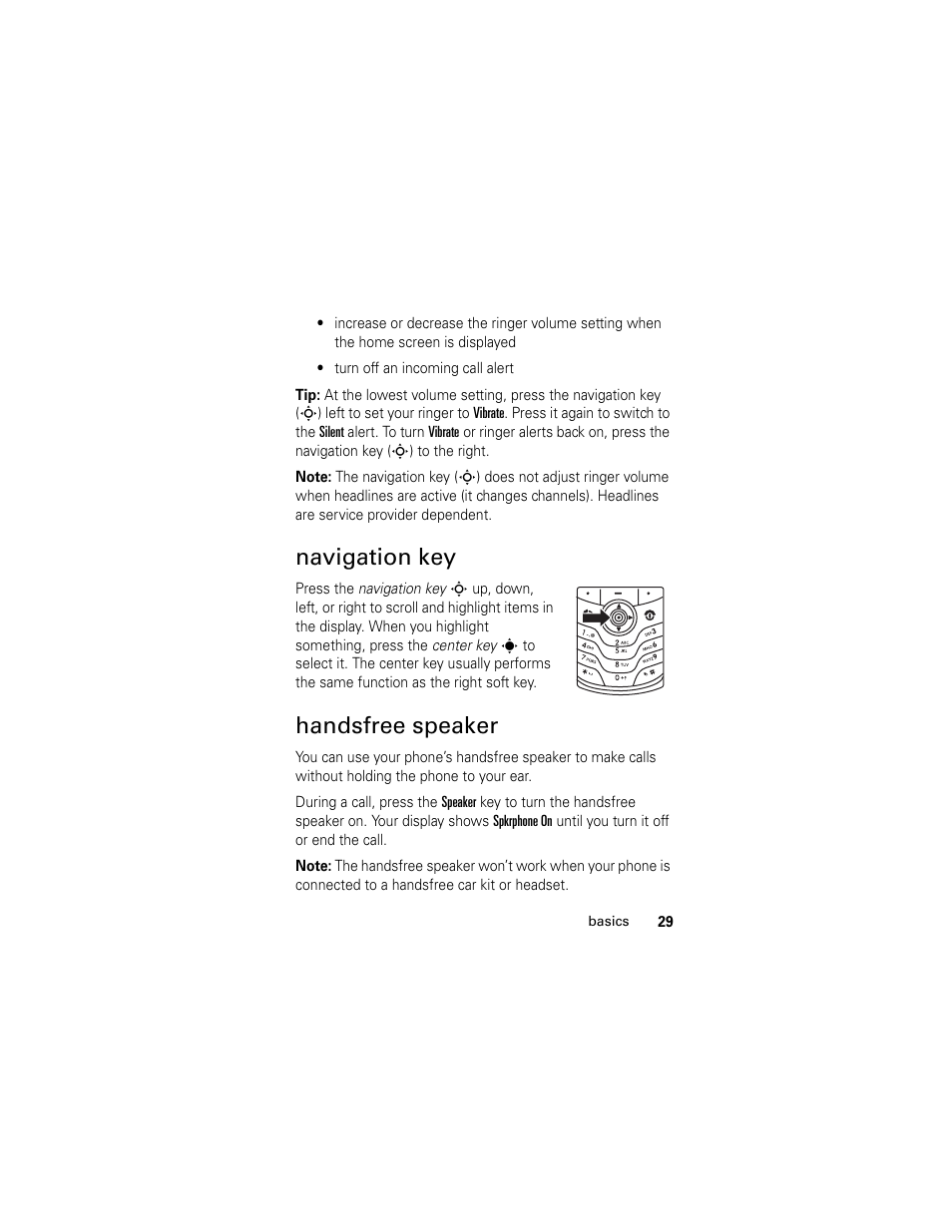 Navigation key, Handsfree speaker, Navigation key handsfree speaker | Motorola L2 GSM User Manual | Page 31 / 92