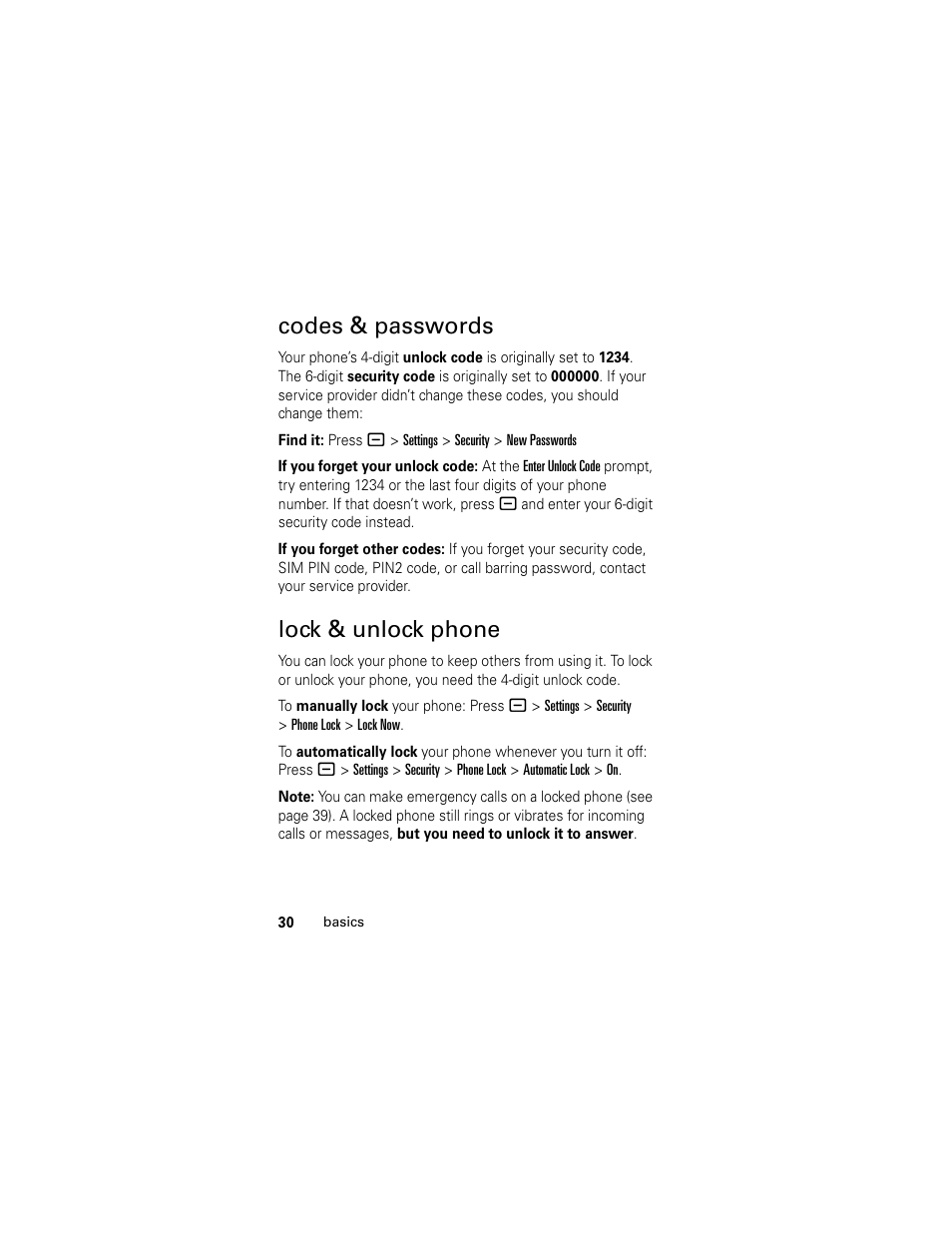 Codes & passwords, Lock & unlock phone, Codes & passwords lock & unlock phone . 30 | Motorola L2 GSM User Manual | Page 32 / 92