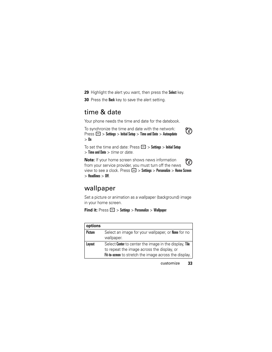Time & date, Wallpaper, Time & date wallpaper | Motorola L2 GSM User Manual | Page 35 / 92