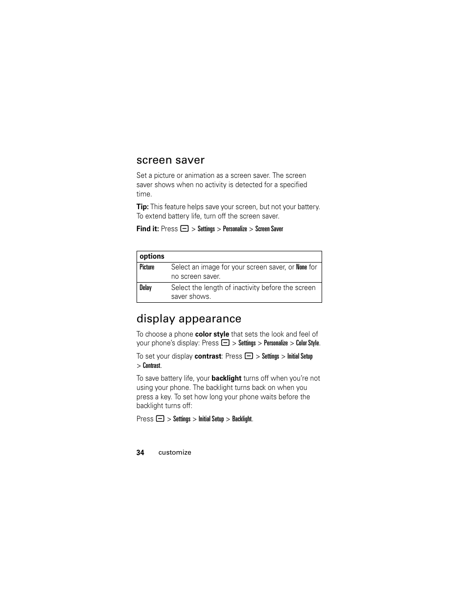 Screen saver, Display appearance, Screen saver display appearance | Motorola L2 GSM User Manual | Page 36 / 92