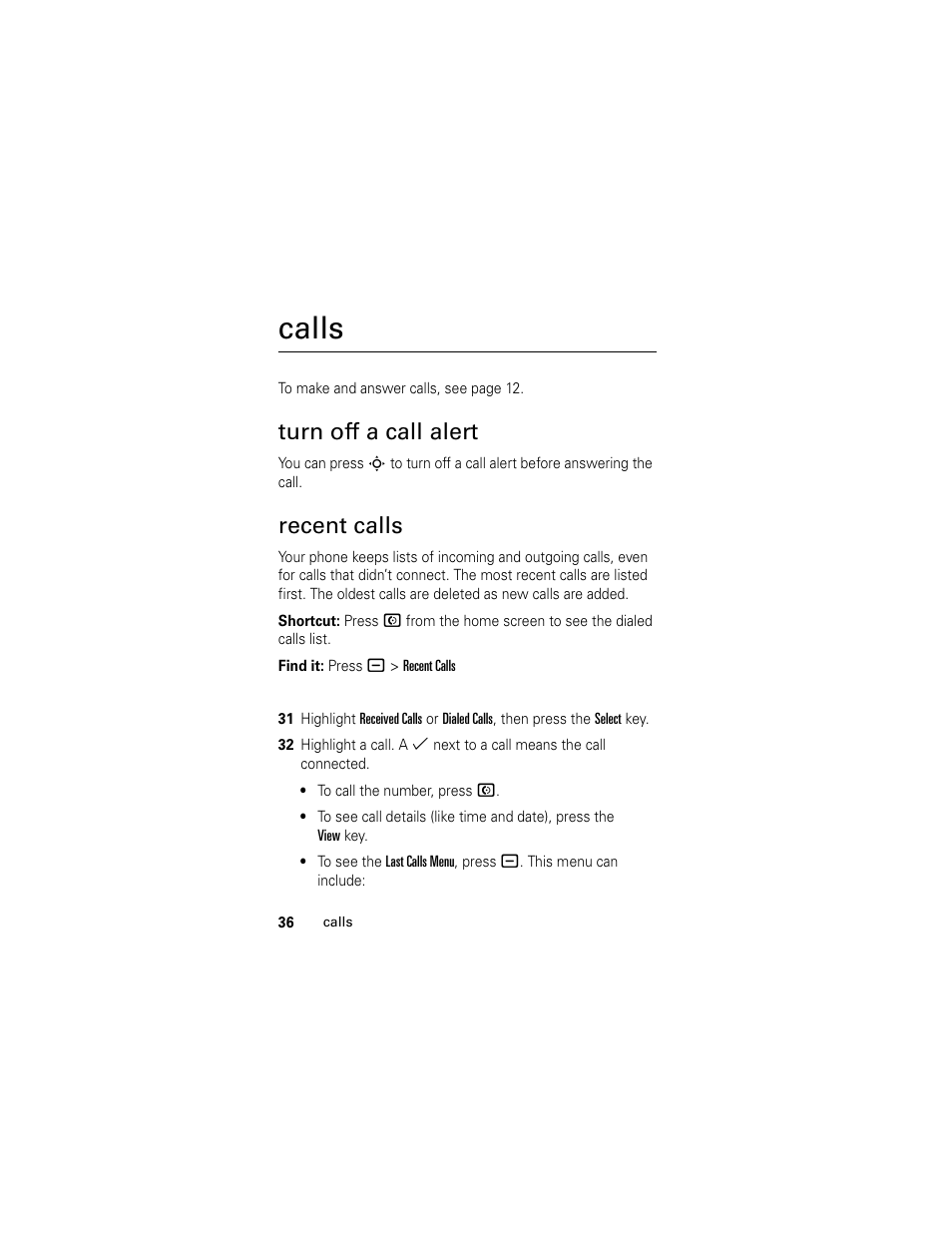 Calls, Turn off a call alert, Recent calls | Turn off a call alert recent calls | Motorola L2 GSM User Manual | Page 38 / 92