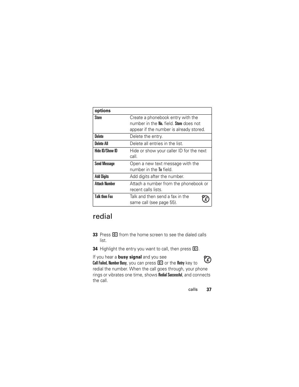 Redial | Motorola L2 GSM User Manual | Page 39 / 92
