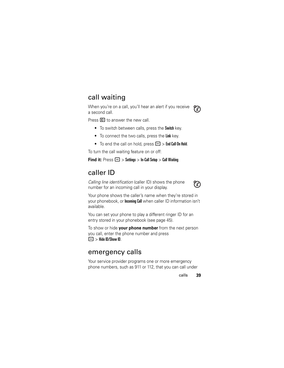 Call waiting, Caller id, Emergency calls | Call waiting caller id emergency calls | Motorola L2 GSM User Manual | Page 41 / 92