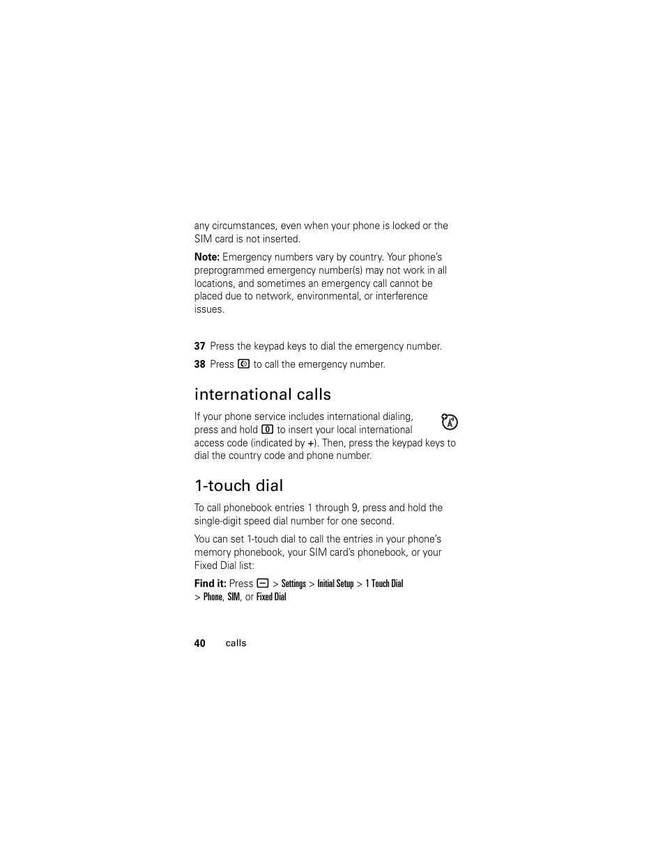 International calls, Touch dial, International calls 1-touch dial | Motorola L2 GSM User Manual | Page 42 / 92