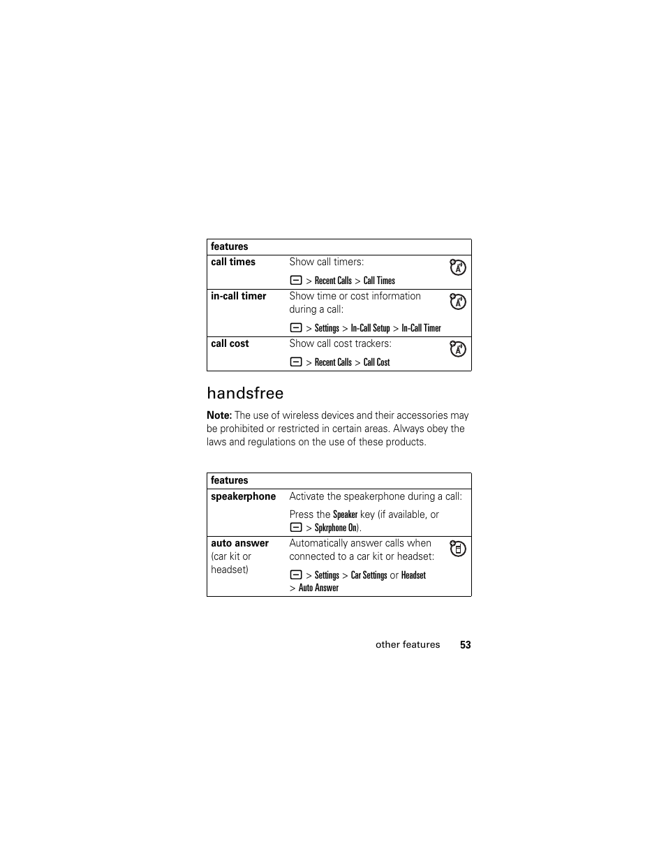 Handsfree | Motorola L2 GSM User Manual | Page 55 / 92