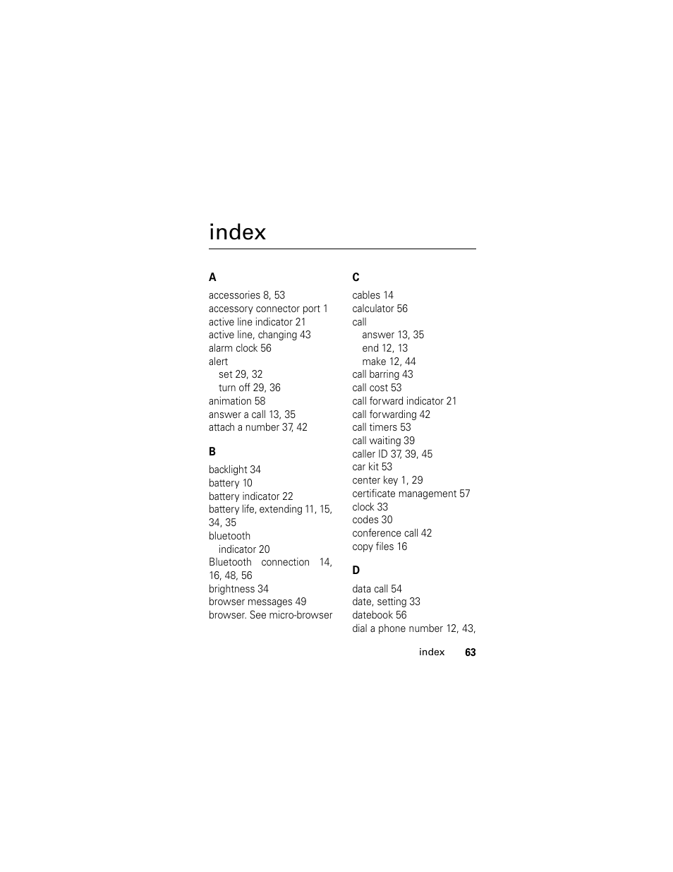 Index | Motorola L2 GSM User Manual | Page 65 / 92