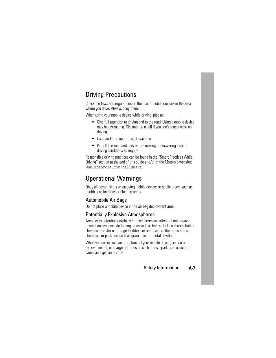 Driving precautions, Operational warnings, Driving precautions operational warnings | Motorola L2 GSM User Manual | Page 75 / 92