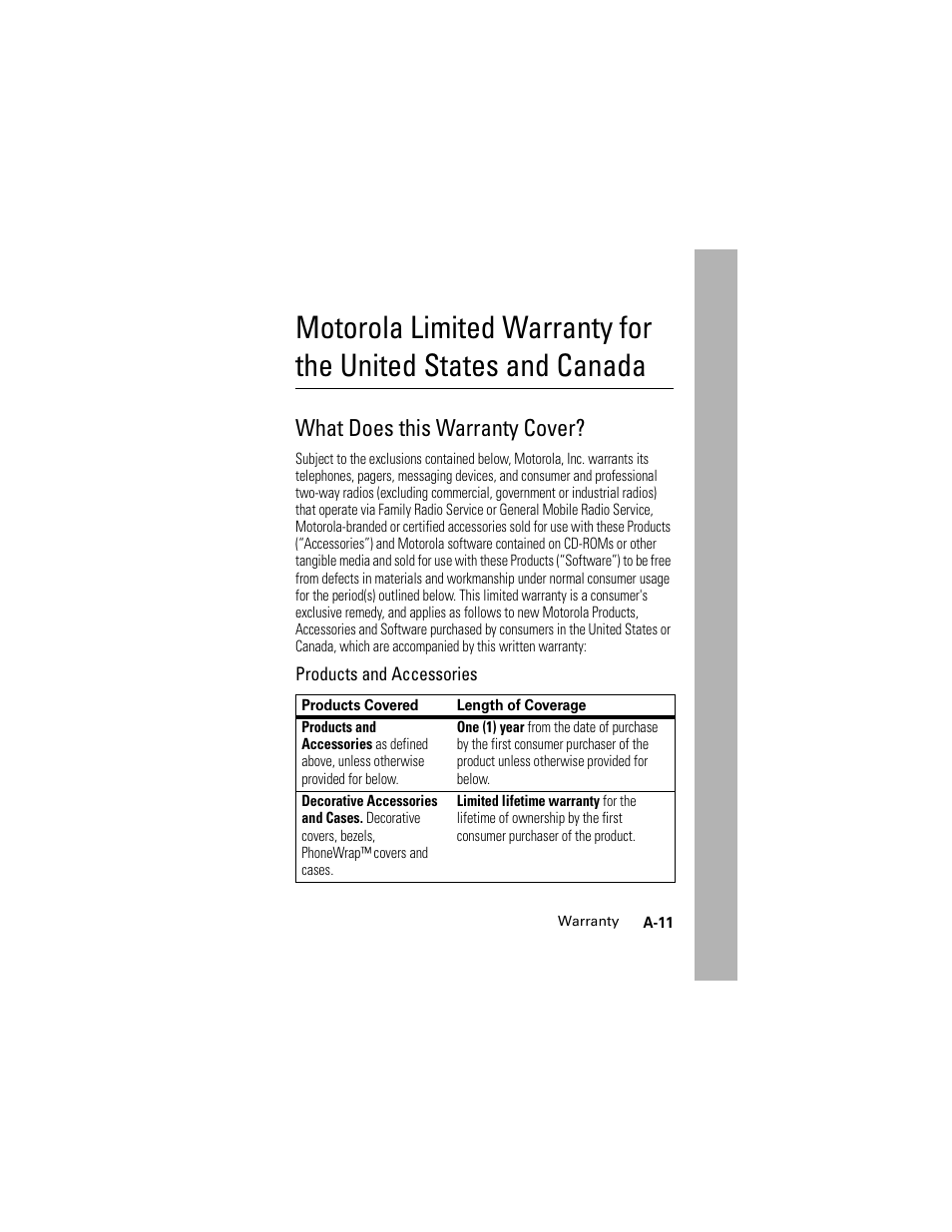 Warranty, What does this warranty cover | Motorola L2 GSM User Manual | Page 79 / 92
