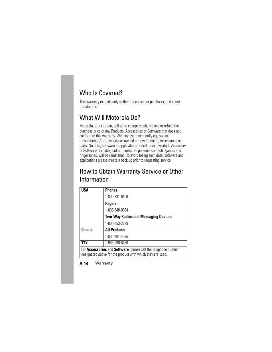 Who is covered, What will motorola do | Motorola L2 GSM User Manual | Page 82 / 92