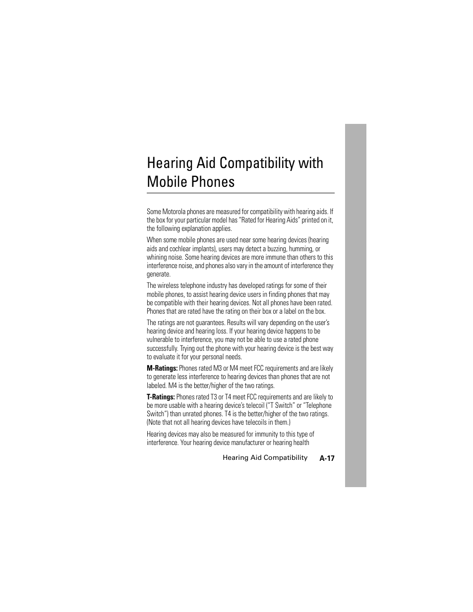 Hearing aid compatibility, Hearing aid compatibility with mobile phones | Motorola L2 GSM User Manual | Page 85 / 92