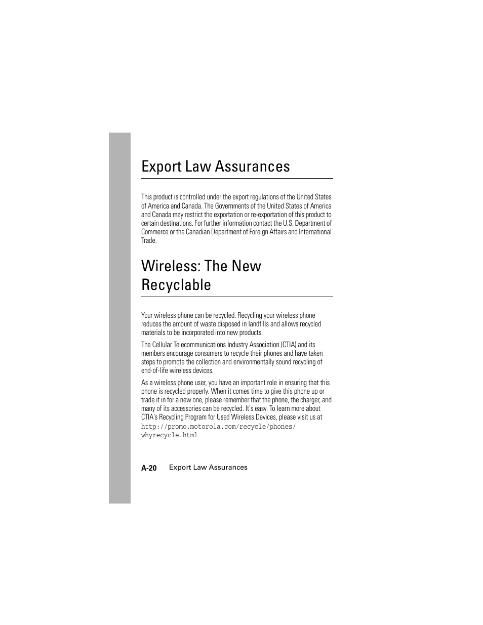 Export law assurances, Wireless: the new recyclable | Motorola L2 GSM User Manual | Page 88 / 92