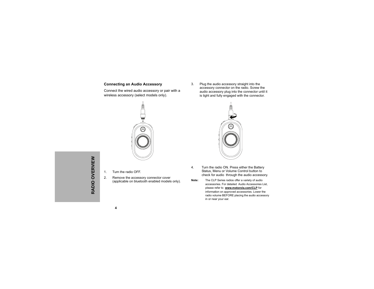 Connecting an audio accessory | Motorola CLP1010 User Manual | Page 12 / 52