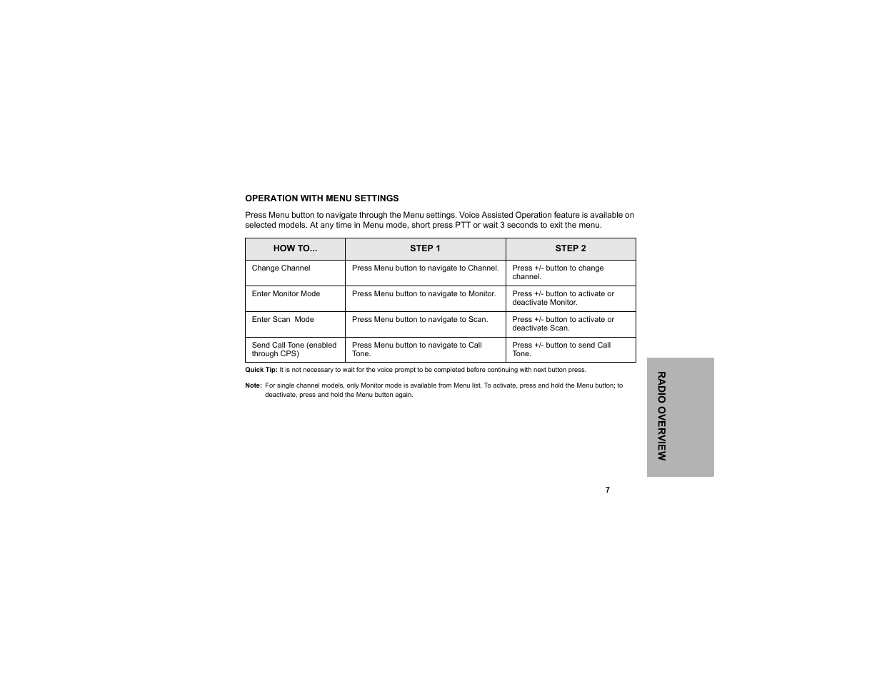 Operation with menu settings | Motorola CLP1010 User Manual | Page 15 / 52