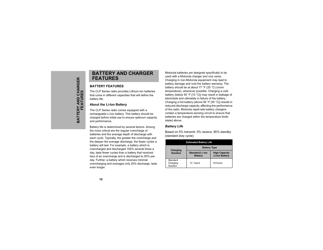 Battery and charger features, Battery and charger features battery features, About the li-ion battery | Motorola CLP1010 User Manual | Page 18 / 52