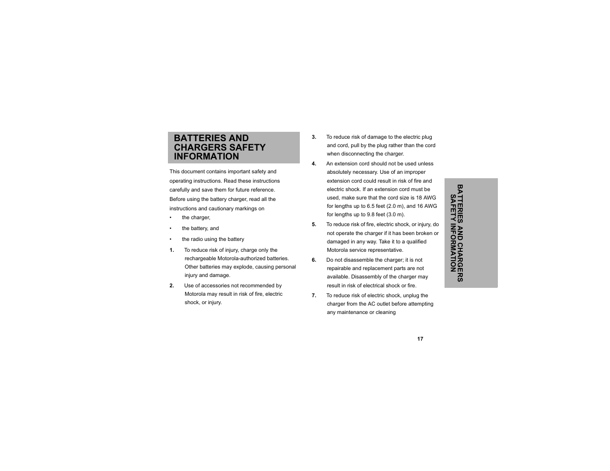 Batteries and chargers safety information | Motorola CLP1010 User Manual | Page 25 / 52