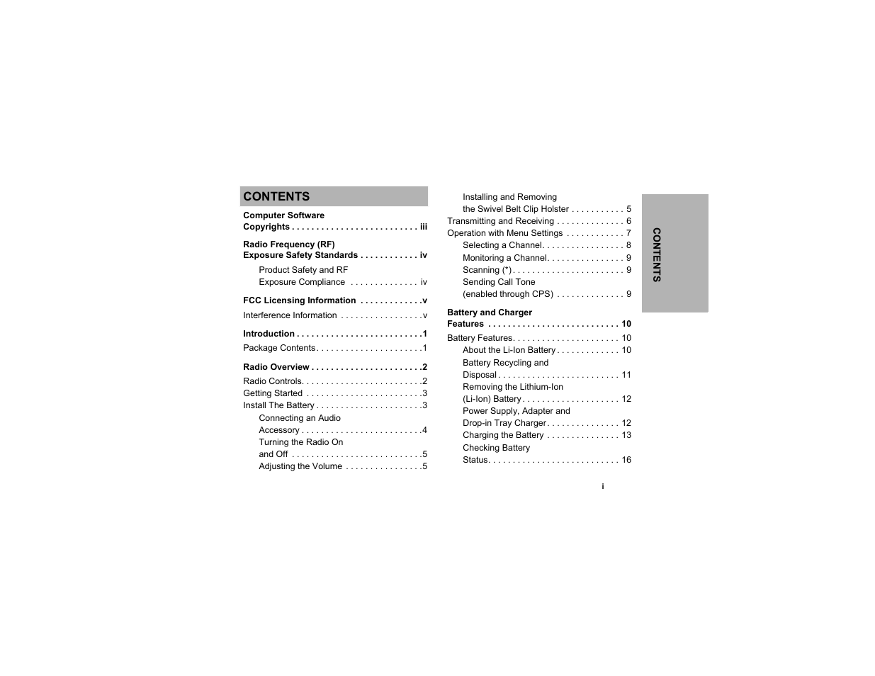 Con t ents | Motorola CLP1010 User Manual | Page 3 / 52