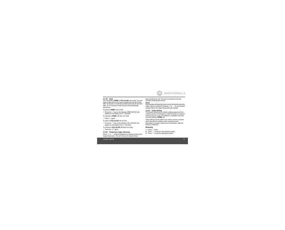 19 hold, 20 temporary ringer silencing, 21 chain dialing | Motorola B801 User Manual | Page 27 / 67