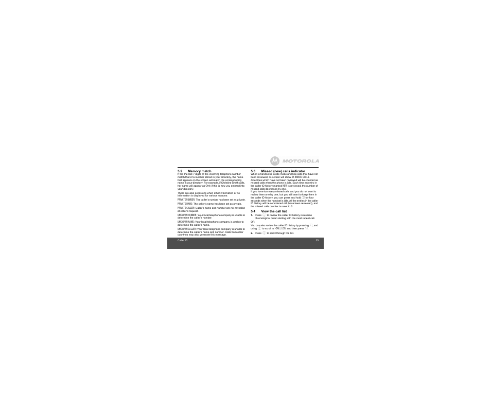 2 memory match, 3 missed (new) calls indicator, 4 view the call list | Motorola B801 User Manual | Page 35 / 67