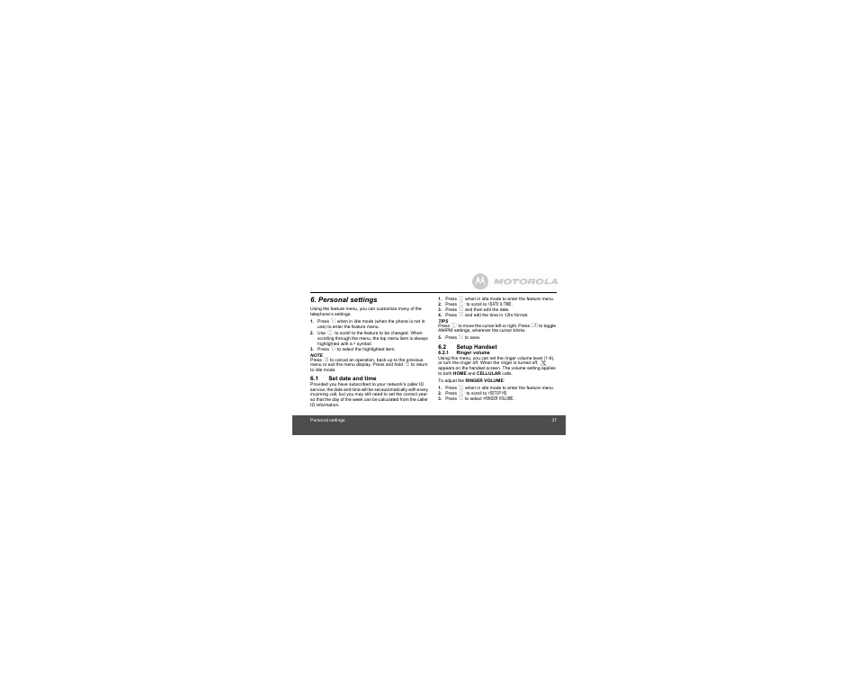 Personal settings, 1 set date and time, 2 setup handset | 1 ringer volume | Motorola B801 User Manual | Page 37 / 67