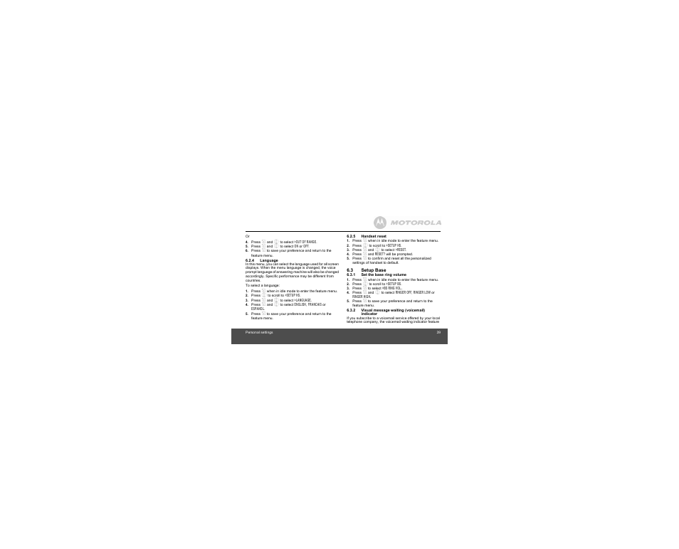 4 language, 5 handset reset, 3 setup base | 1 set the base ring volume, 2 visual message waiting (voicemail) indicator, 2 visual message waiting (voicemail), Indicator | Motorola B801 User Manual | Page 39 / 67