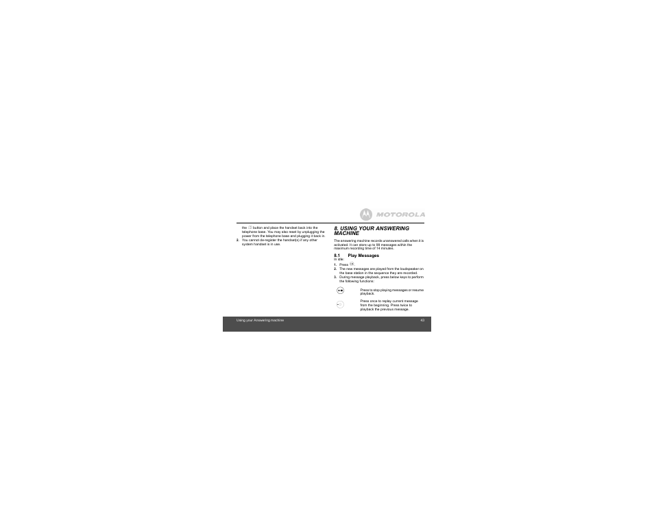 Using your answering machine, 1 play messages | Motorola B801 User Manual | Page 43 / 67