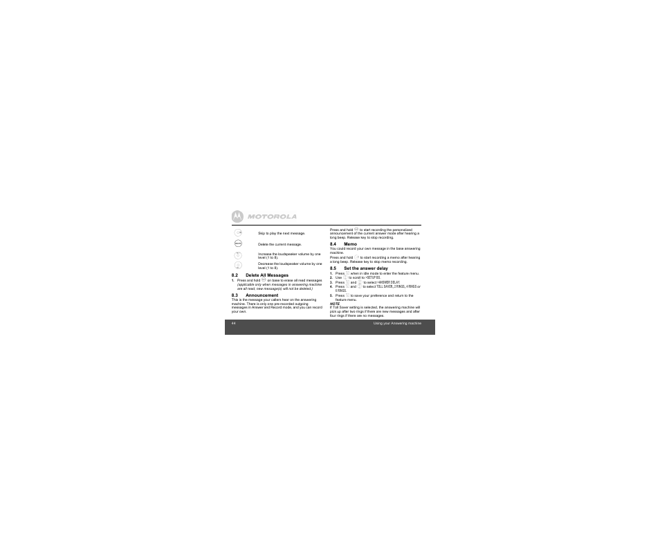 2 delete all messages, 3 announcement, 4 memo | 5 set the answer delay | Motorola B801 User Manual | Page 44 / 67