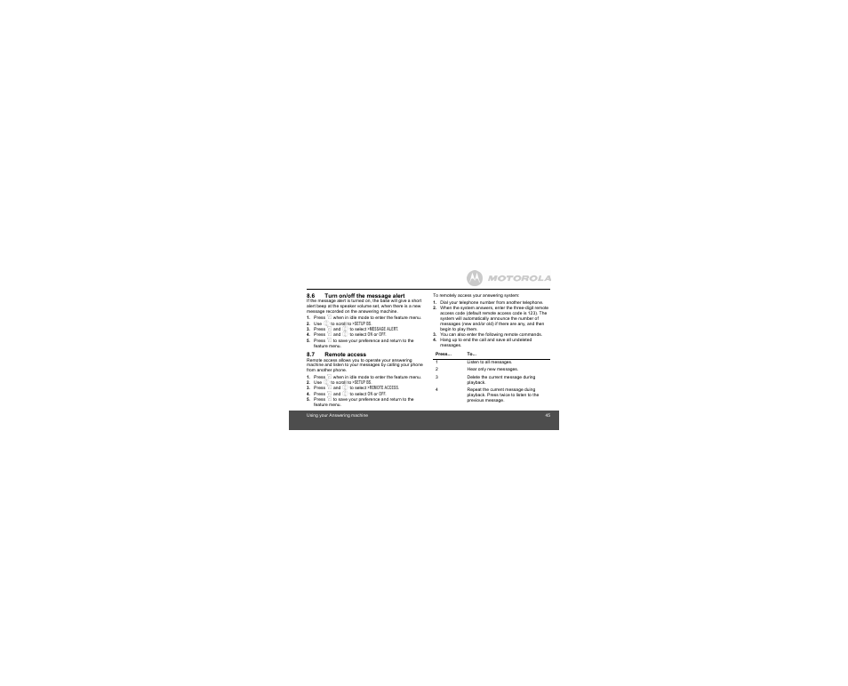 6 turn on/off the message alert, 7 remote access | Motorola B801 User Manual | Page 45 / 67