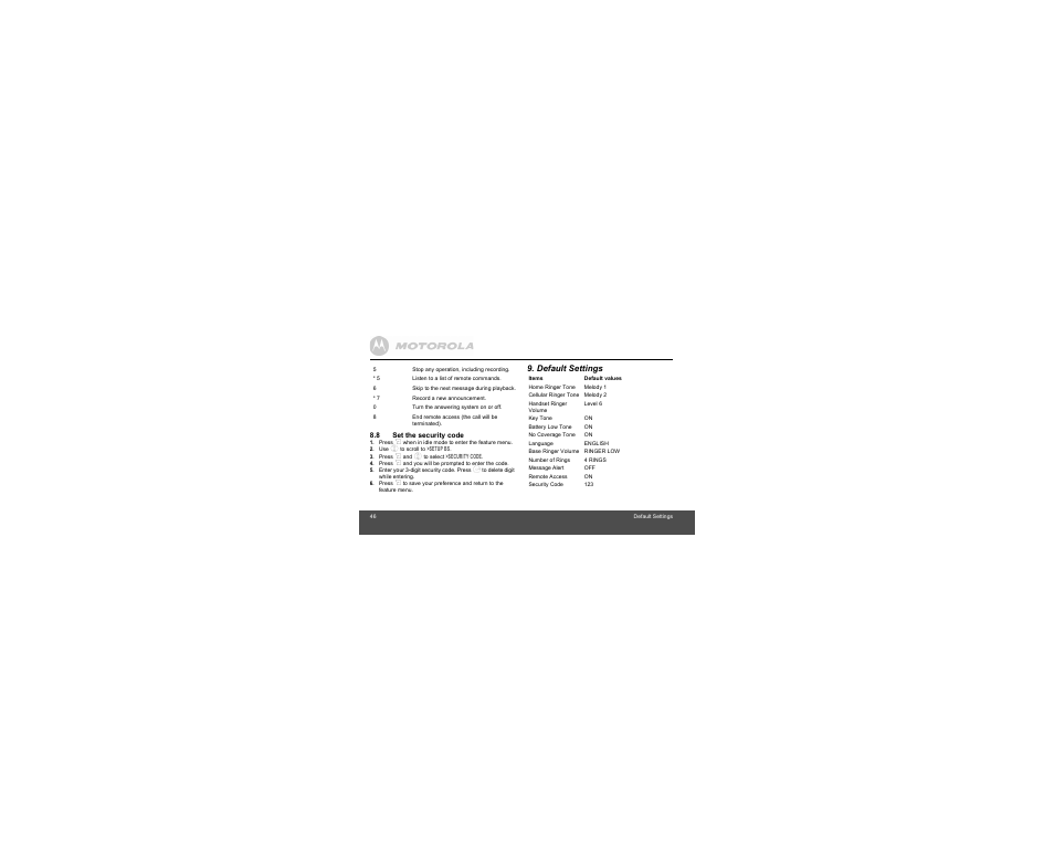 8 set the security code, Default settings | Motorola B801 User Manual | Page 46 / 67