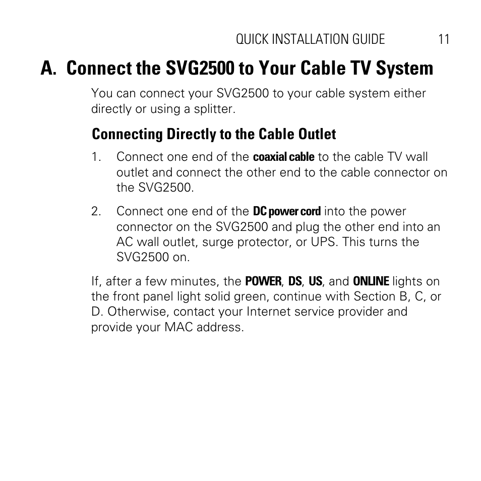 A. connect the svg2500 to your cable tv system | Motorola SVG2500 User Manual | Page 11 / 32