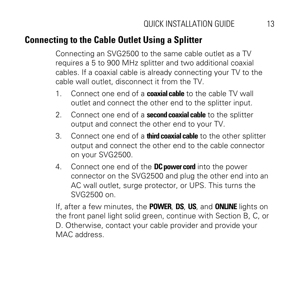 Connecting to the cable outlet using a splitter | Motorola SVG2500 User Manual | Page 13 / 32