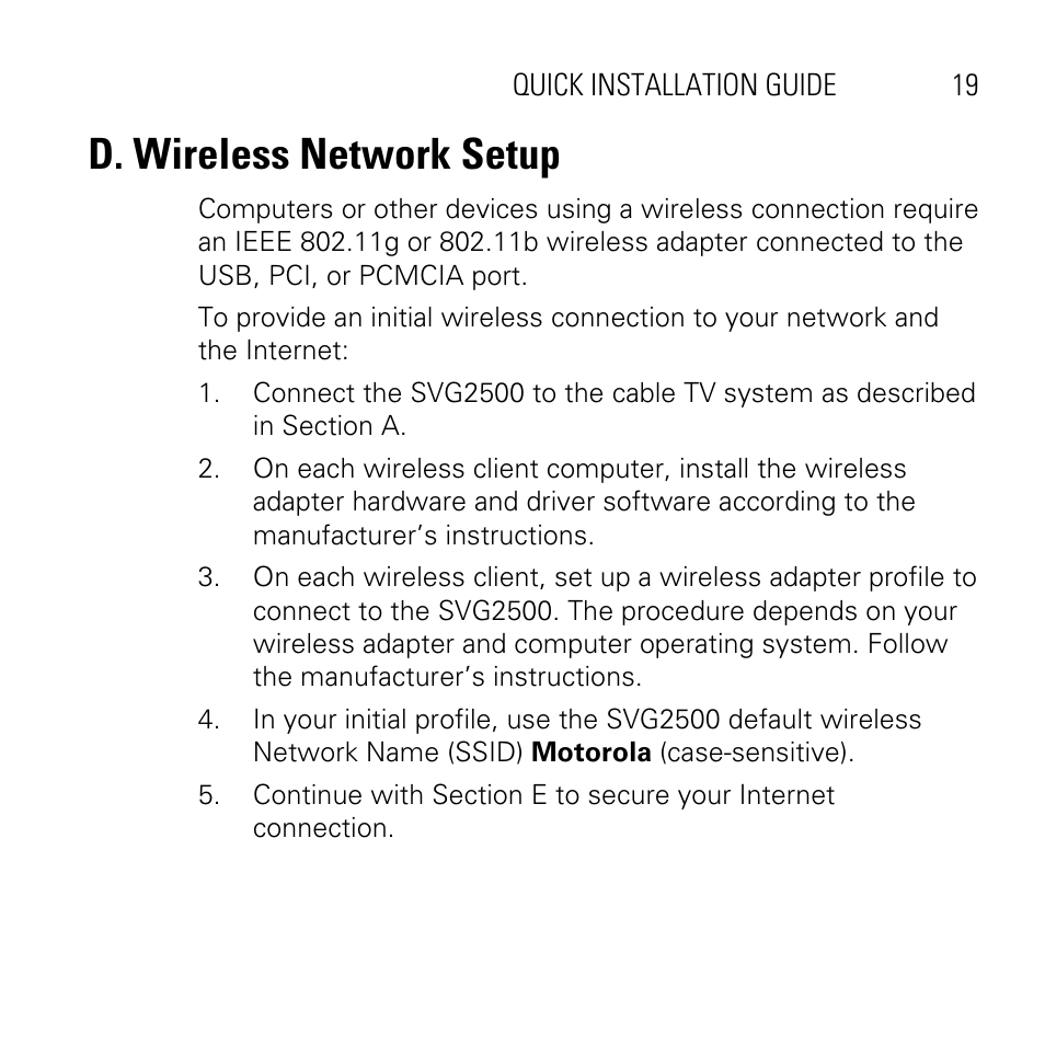 D. wireless network setup | Motorola SVG2500 User Manual | Page 19 / 32