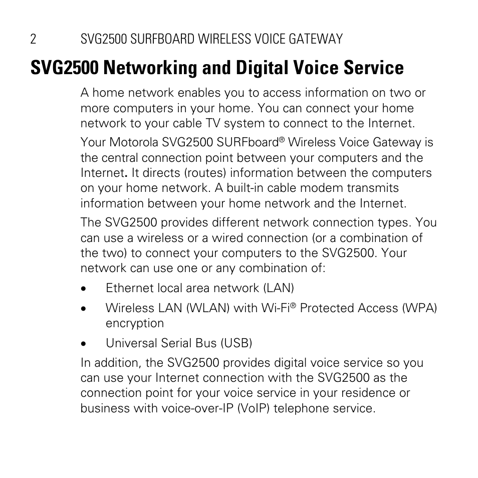 Svg2500 networking and digital voice service | Motorola SVG2500 User Manual | Page 2 / 32