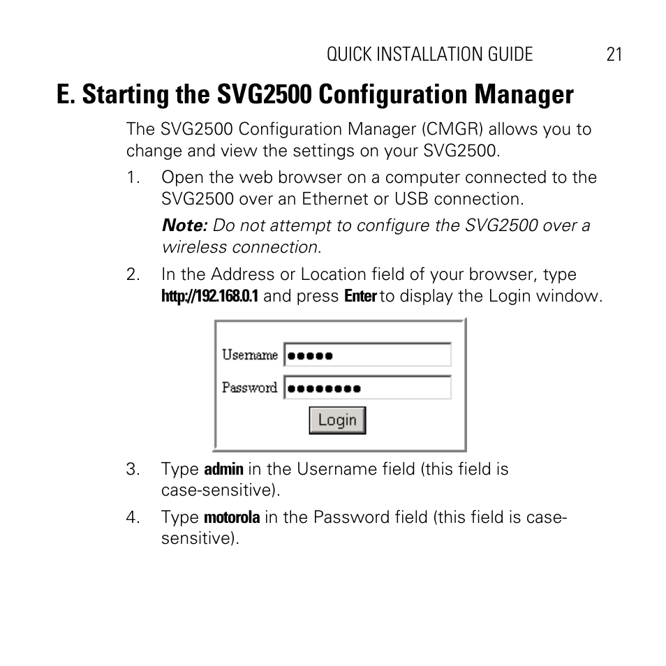 E. starting the svg2500 configuration manager | Motorola SVG2500 User Manual | Page 21 / 32
