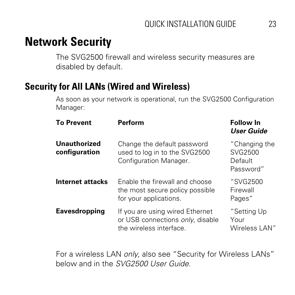 Network security, Security for all lans (wired and wireless) | Motorola SVG2500 User Manual | Page 23 / 32