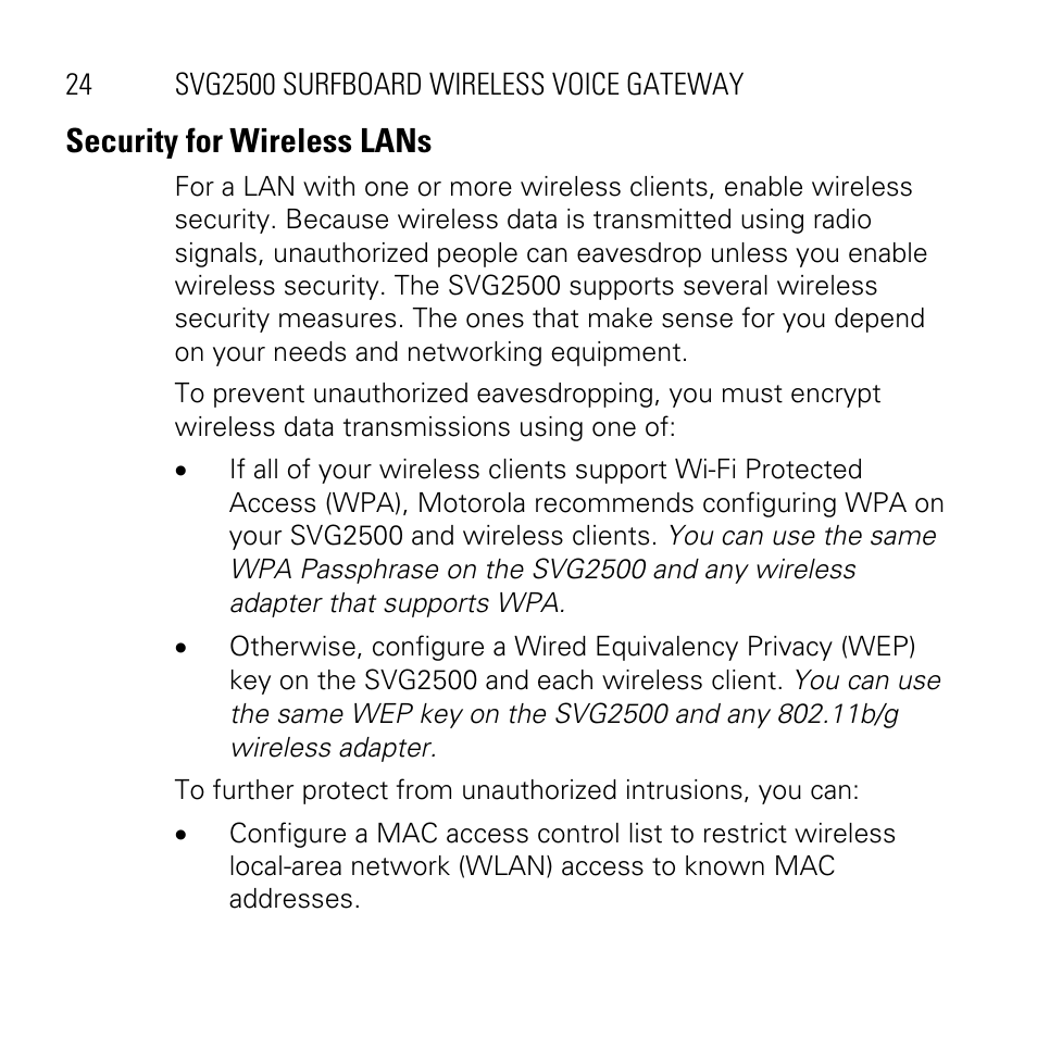 Security for wireless lans | Motorola SVG2500 User Manual | Page 24 / 32