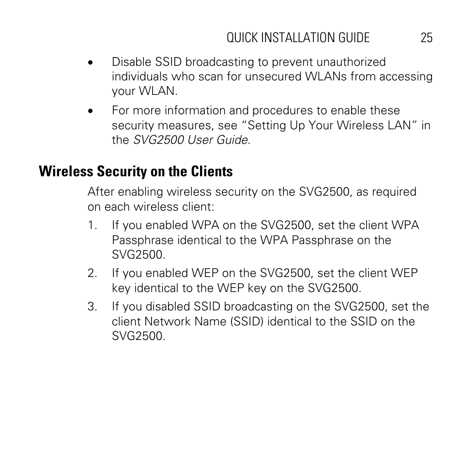 Wireless security on the clients | Motorola SVG2500 User Manual | Page 25 / 32