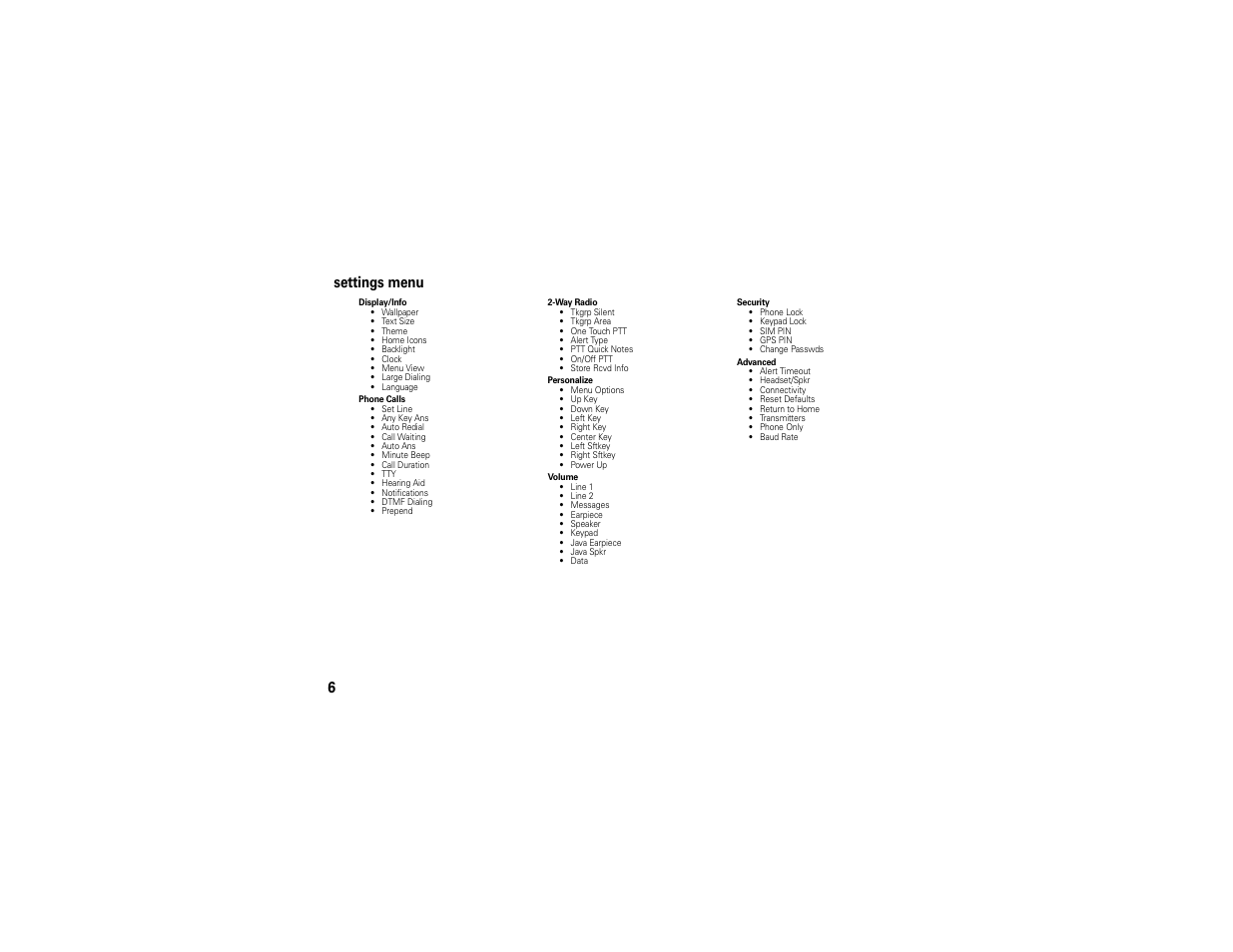 6settings menu | Motorola I296 User Manual | Page 10 / 92