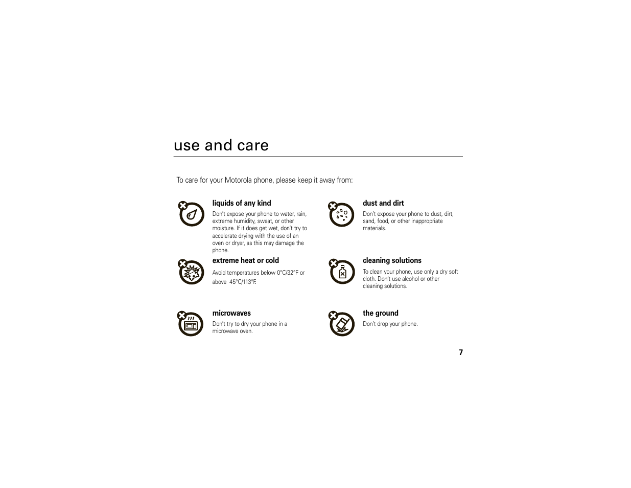 Use and care | Motorola I296 User Manual | Page 11 / 92