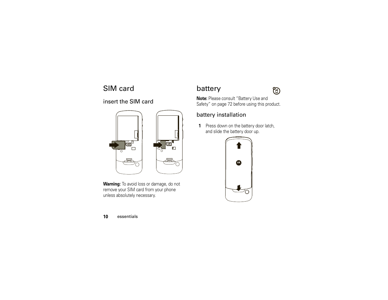 Sim card, Battery, Sim card battery | Motorola I296 User Manual | Page 14 / 92