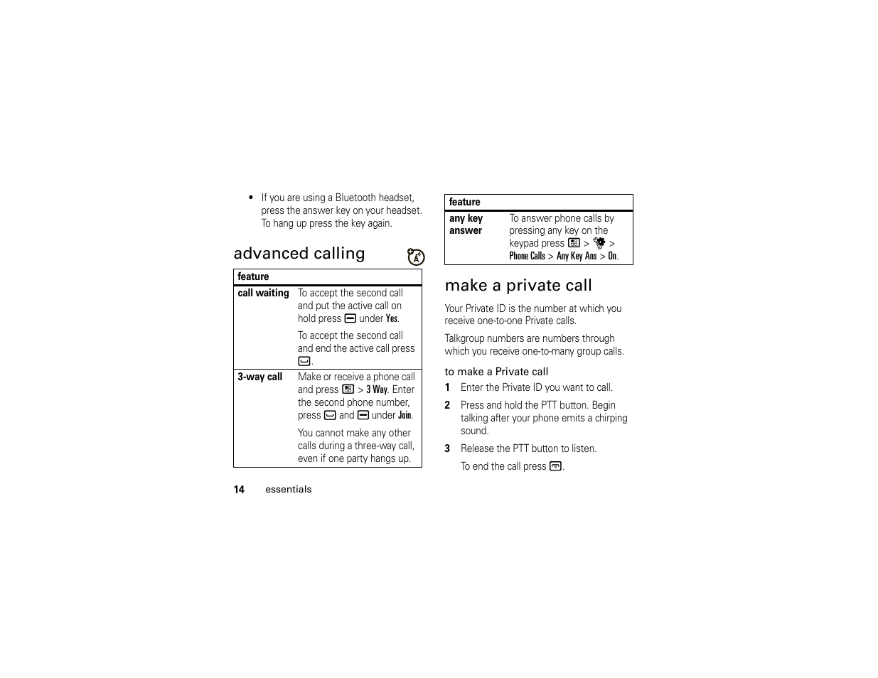 Advanced calling, Make a private call, Advanced calling make a private call | Motorola I296 User Manual | Page 18 / 92