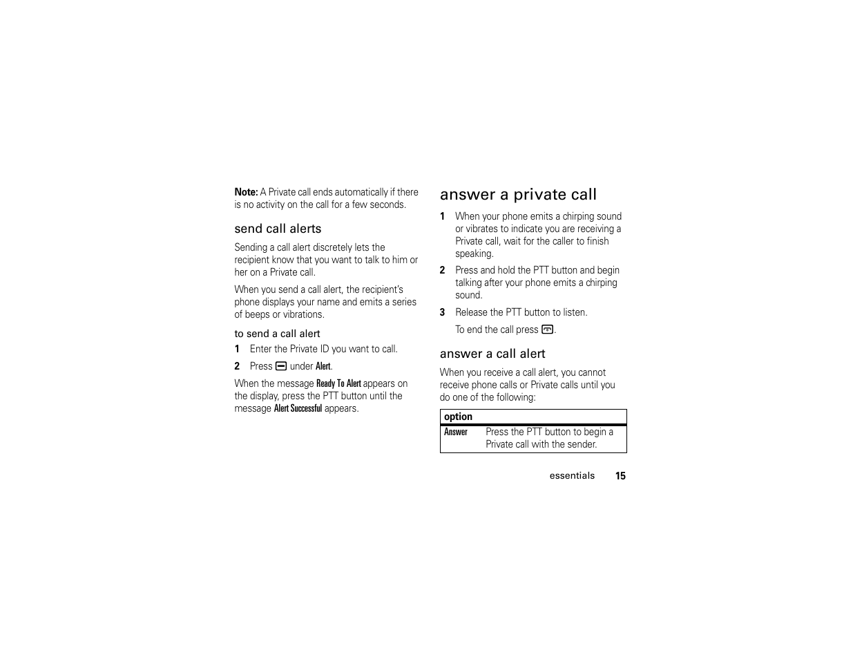 Answer a private call | Motorola I296 User Manual | Page 19 / 92