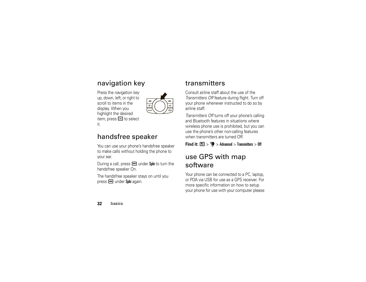 Navigation key, Handsfree speaker, Transmitters | Use gps with map software | Motorola I296 User Manual | Page 36 / 92