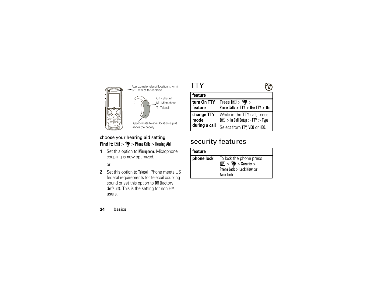 Security features, Tty security features | Motorola I296 User Manual | Page 38 / 92