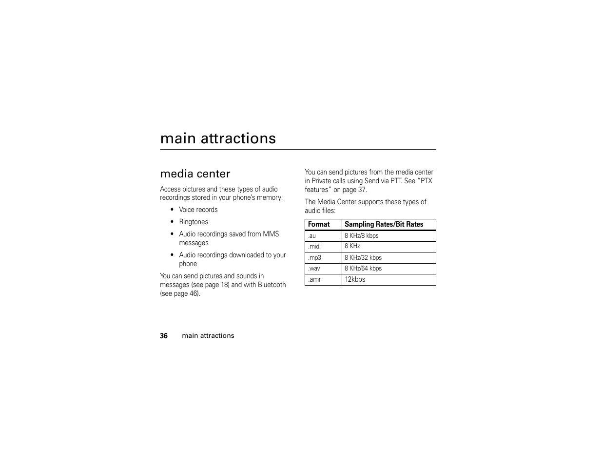 Main attractions, Media center | Motorola I296 User Manual | Page 40 / 92