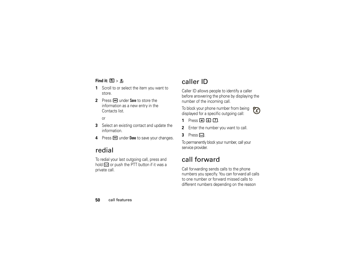 Redial, Caller id, Call forward | Redial caller id call forward | Motorola I296 User Manual | Page 54 / 92