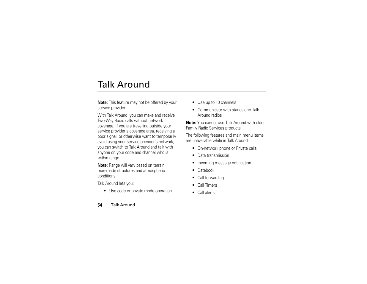 Talk around | Motorola I296 User Manual | Page 58 / 92