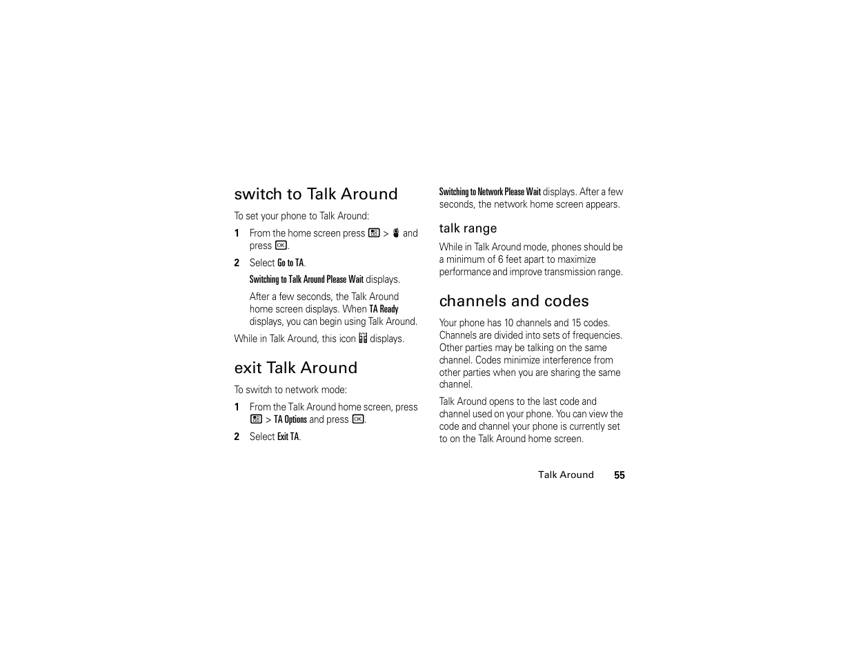 Switch to talk around, Exit talk around, Channels and codes | Motorola I296 User Manual | Page 59 / 92